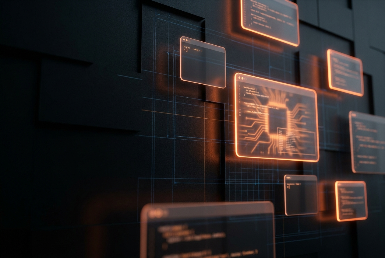 Dark wall of code editor panels glowing Replit orange